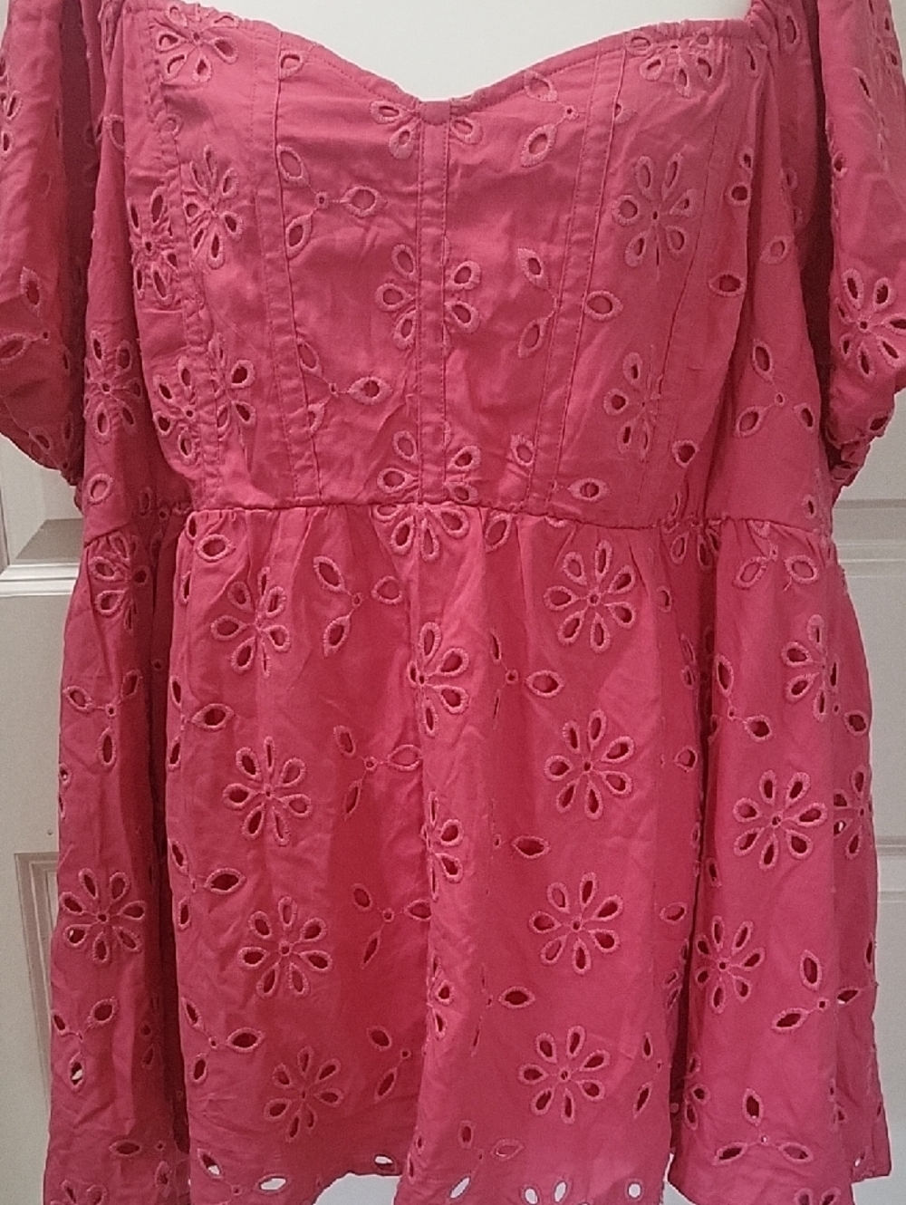 Torrid Pink Babydoll Eyelet Challis Blouse Size 4 (4X) Flowy Peplum Boho Top - Picture 3 of 12